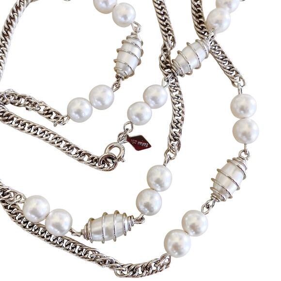 Vintage Jewelry - VTG Sarah Coventry Signed 44" Faux Pearl Station Necklace Timeless Silver Tone